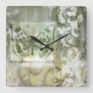 Green Butterfly Inset with Ironwork Gate Square Wall Clock