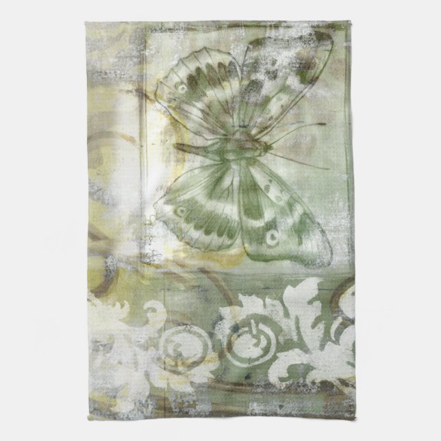 Green Butterfly Inset with Ironwork Gate Tea Towel (Vertical)