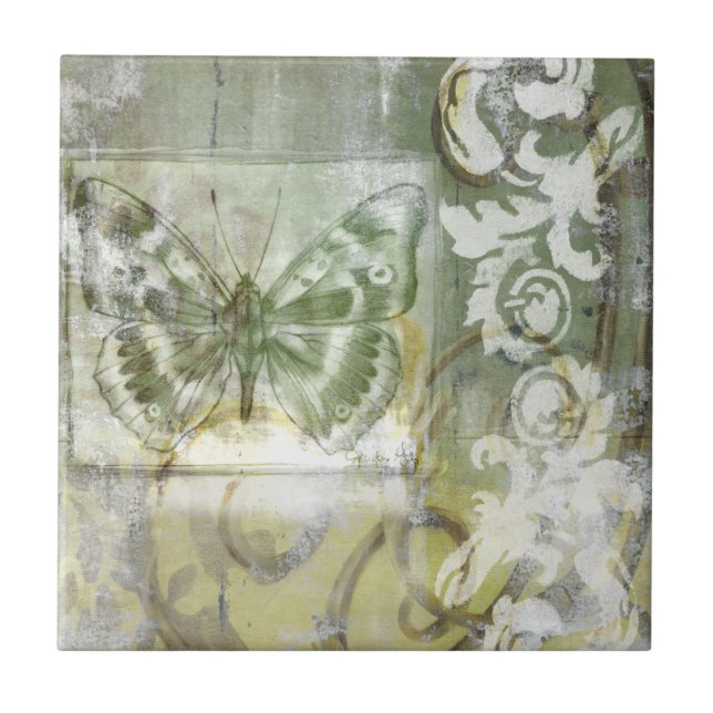Green Butterfly Inset with Ironwork Gate Tile (Front)