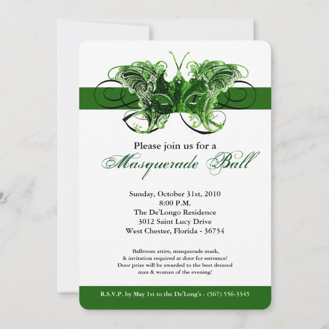 Green Butterfly Masquerade Mask Costume Halloween Invitation (Front)