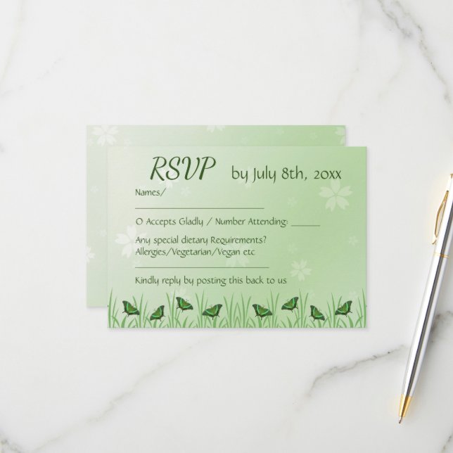 Green butterfly on light green  -  RSVP card (Front/Back In Situ)