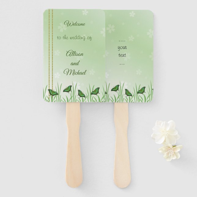 Green butterfly on light green - wedding hand fan (Front and Back)