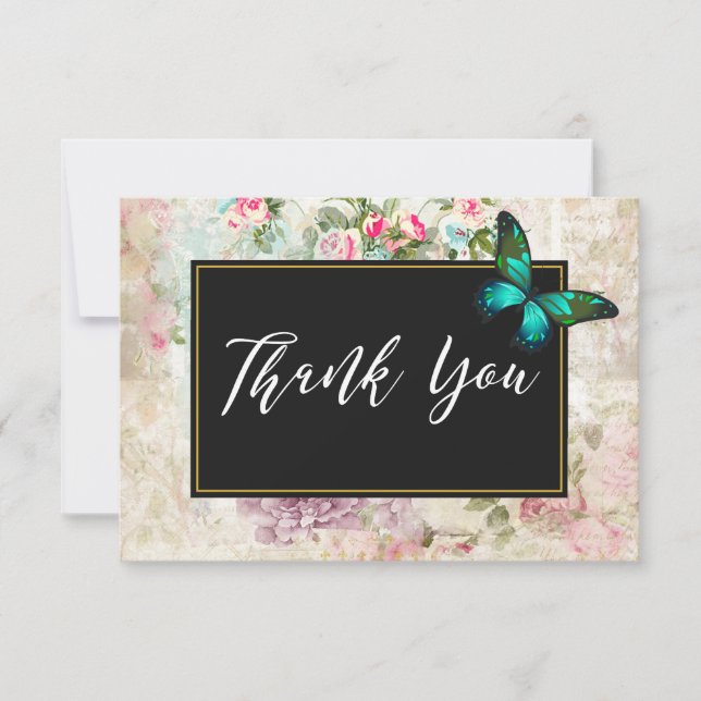 Green Butterfly on Pink Roses Collage Thank You (Front)