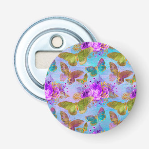 Green Butterfly Purple Rose Garden Pattern Bottle Opener