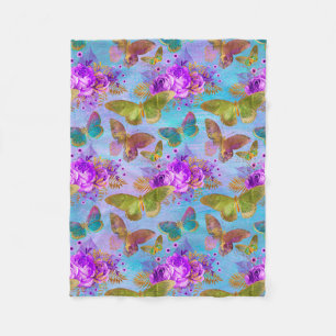 Green Butterfly Purple Rose Garden Pattern Fleece Blanket
