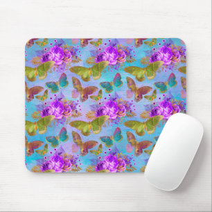Green Butterfly Purple Rose Garden Pattern Mouse Pad