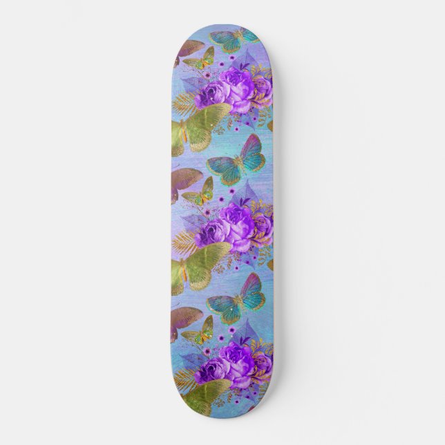 Green Butterfly Purple Rose Garden Pattern Skateboard (Front)