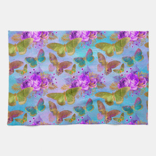 Green Butterfly Purple Rose Garden Pattern Tea Towel