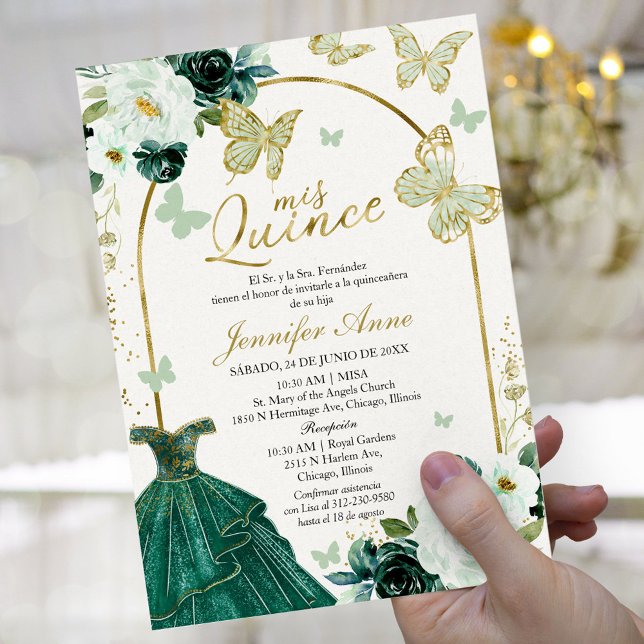 Green Butterfly Spanish Quinceanera Invitations (Creator Uploaded)