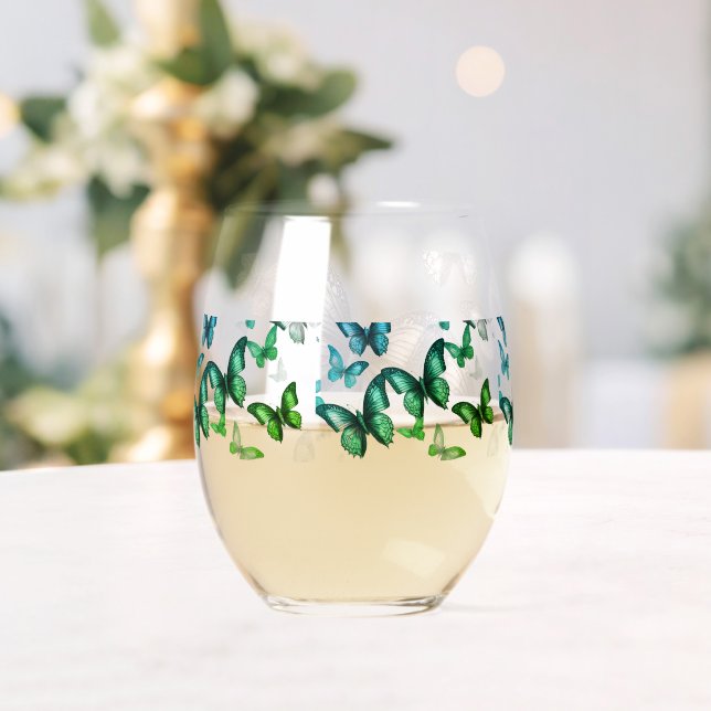 Green Butterfly  Stemless Wine Glass (Insitu (Wedding))