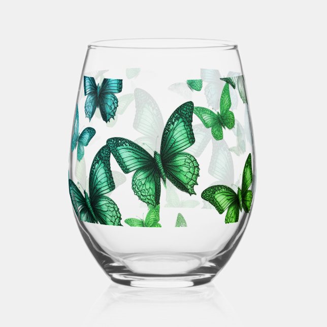 Green Butterfly  Stemless Wine Glass (Front)