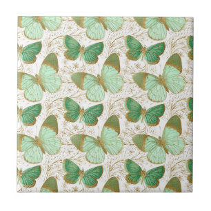 Green Butterfly White Floral Flower Blossom Ceramic Tile