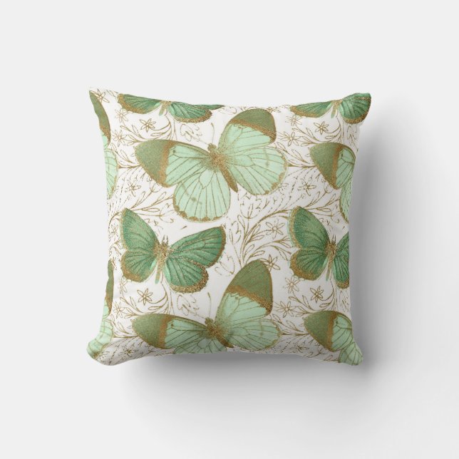 Green Butterfly White Floral Flower Blossom Cushion (Front)