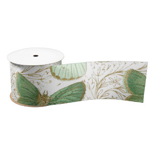 Green Butterfly White Floral Flower Blossom Satin Ribbon