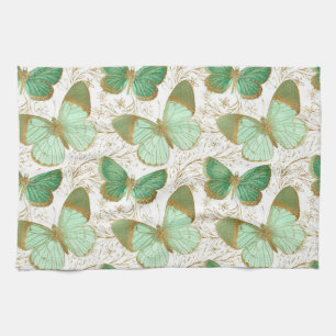 Green Butterfly White Floral Flower Blossom Tea Towel