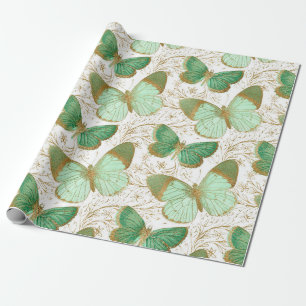 Green Butterfly White Floral Flower Blossom Wrapping Paper