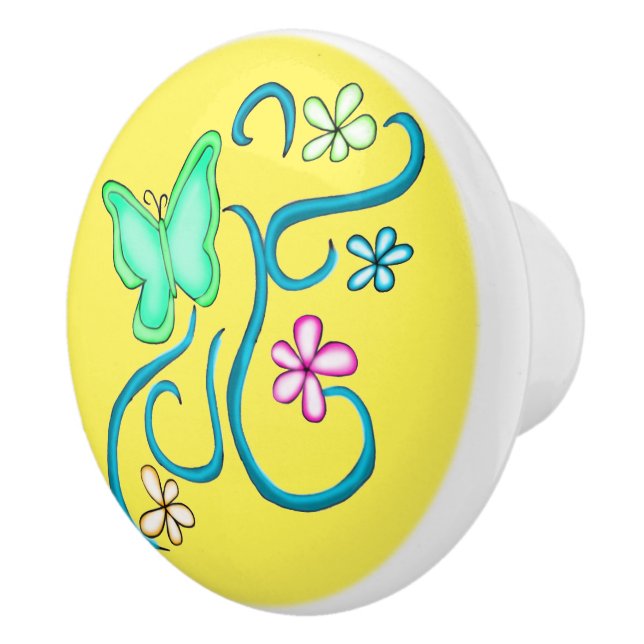 Green Butterfly with Spring Flowers Ceramic Knob (Right)