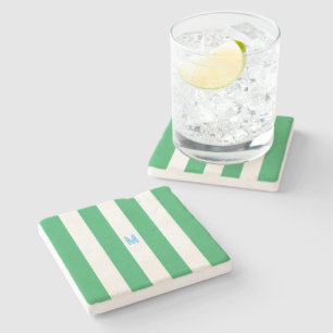 Green Cabana Stripe & Personalised Blue Monogram Stone Coaster