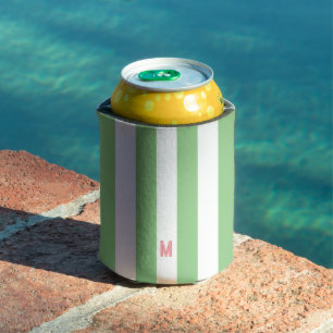 Green Cabana Stripe & Personalised Pink Monogram Can Cooler