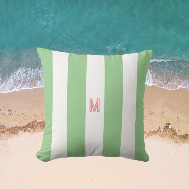 Green Cabana Stripe & Personalised Pink Monogram Cushion (Creator Uploaded)