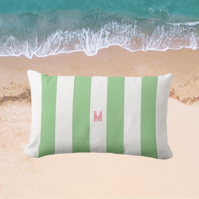 Green Cabana Stripe & Personalised Pink Monogram Lumbar Cushion (Creator Uploaded)