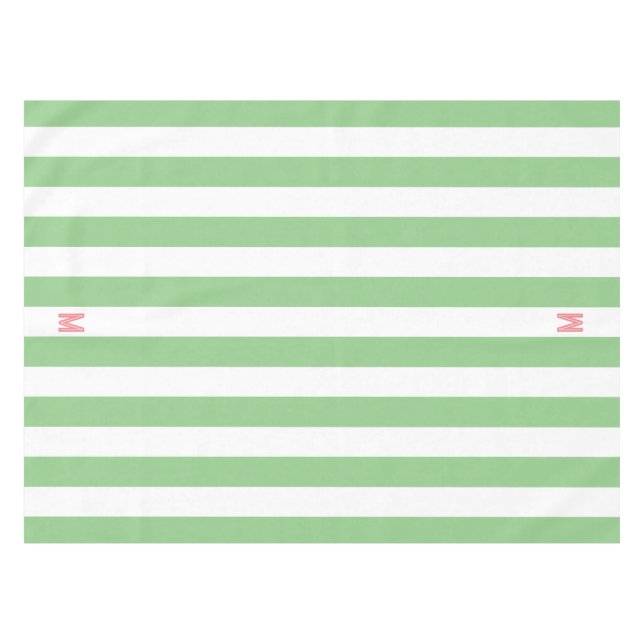 Green Cabana Stripe & Personalised Pink Monogram Tablecloth (Front (Horizontal))