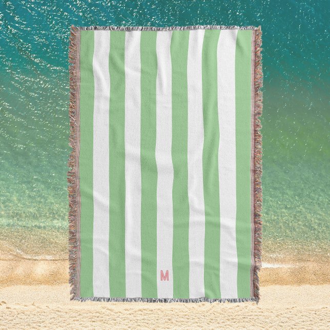 Green Cabana Stripe & Personalised Pink Monogram Throw Blanket (Creator Uploaded)