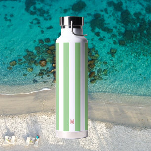 Green Cabana Stripe & Personalised Pink Monogram Water Bottle