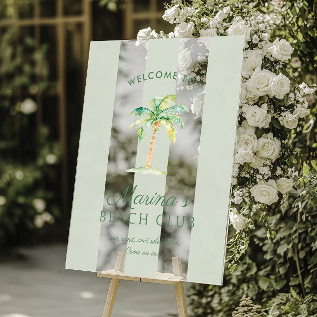 Green Cabana Stripes Palm Beach Club Welcome Acrylic Sign (Creator Uploaded)