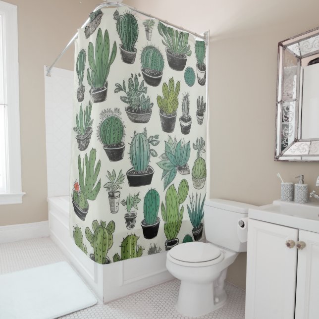 Green Cacti Pattern Shower Curtain (In Situ)