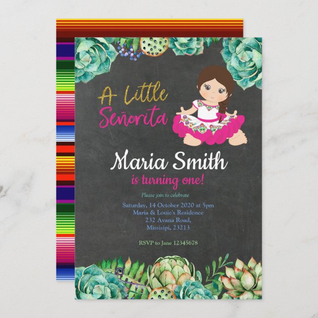 Green Cactus Fiesta Birthday Girl Invitation (Front/Back)
