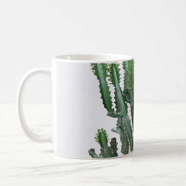 Green Cactus: Minimalist White Background Coffee Mug (Left)