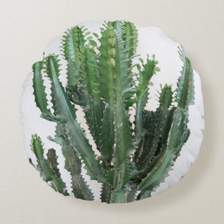Green Cactus: Minimalist White Background Round Cushion