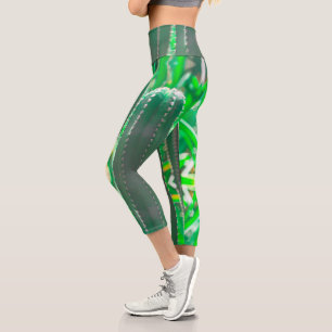 Green cactus plant leaves pastel capri leggings