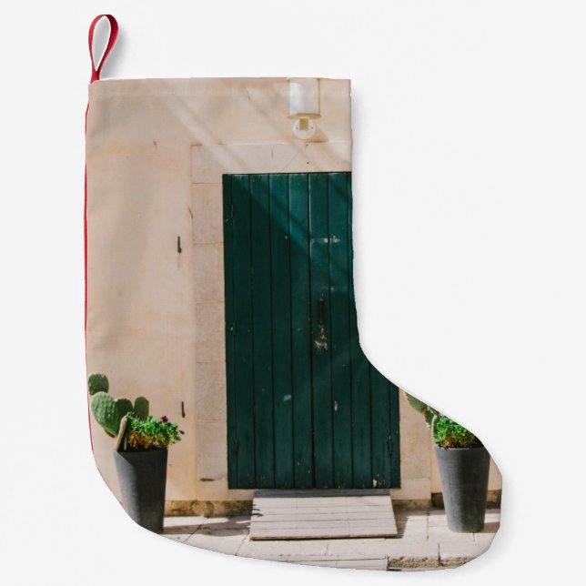 GREEN CACTUS PLANT NEAR GREEN DOOR SMALL CHRISTMAS STOCKING (Front)