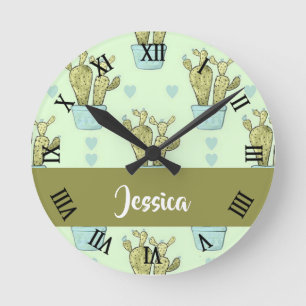 Green cactus pot plant pattern round clock