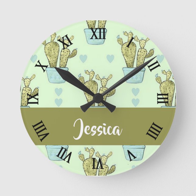 Green cactus pot plant pattern round clock (Front)