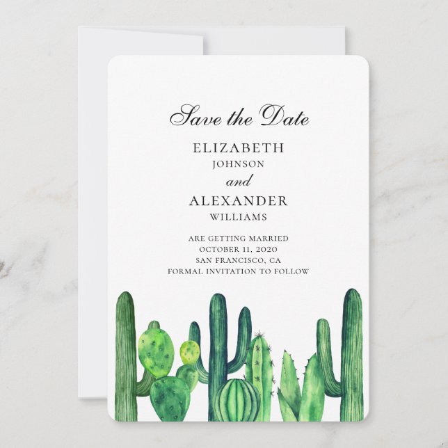 Green cactus save the date. Summer wedding cacti Date (Front)