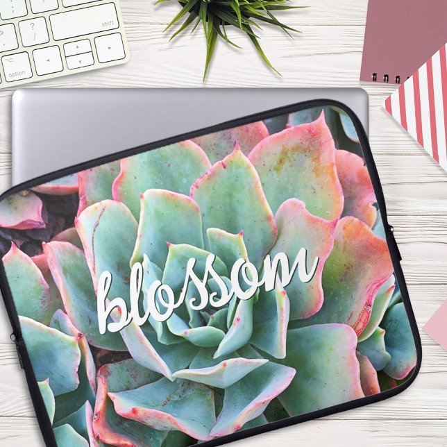 Green Cactus Succulent Photography Blossom Script Laptop Sleeve (Creator Uploaded)