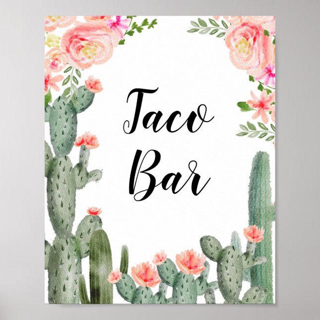 Green Cactus Taco Bar Bridal Shower Pink Floral Poster (Front)