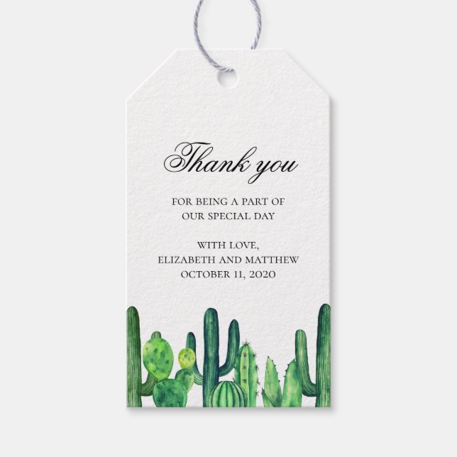 Green cactus wedding thank you. Cacti gift tag (Front)