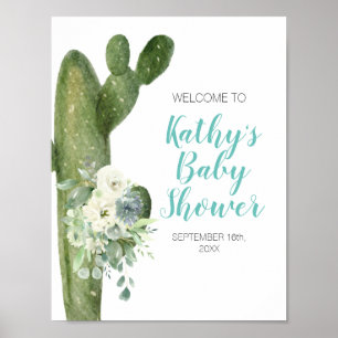 Green Cactus White Flowers Taco 'bout Love Welcome Poster