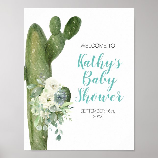 Green Cactus White Flowers Taco 'bout Love Welcome Poster (Front)