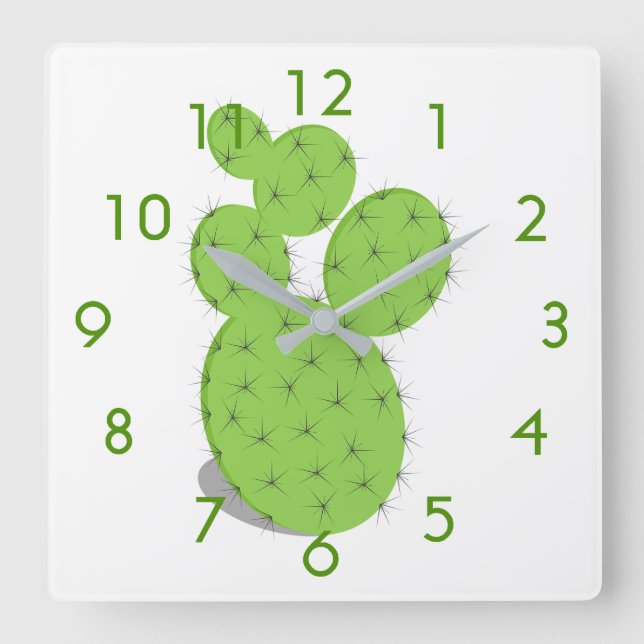 Green cactus white square wall clock (Front)