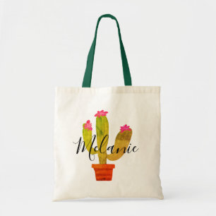 Green cactus with pink flowers custom name tote bag
