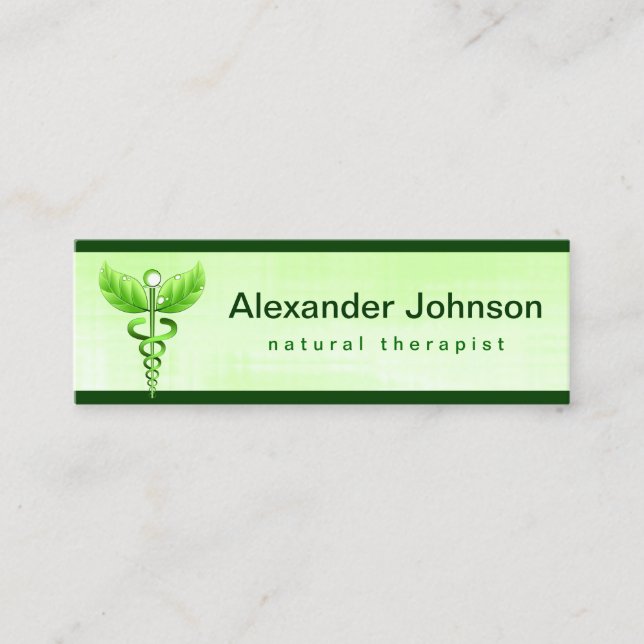 Green Caduceus Alternative Medicine Light Skinny Mini Business Card (Front)