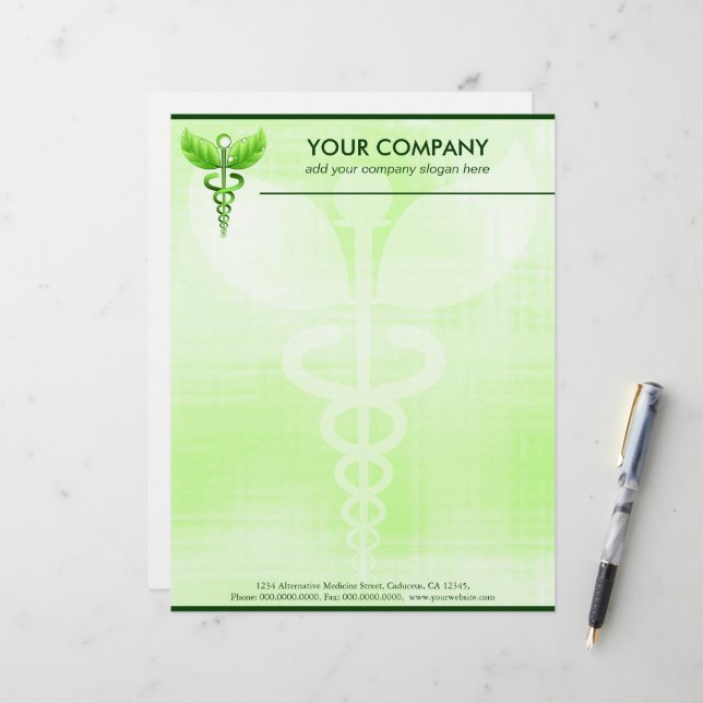 Green Caduceus Alternative Medicine Medical Symbol Customised Letterhead (Front/Back In Situ)