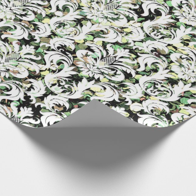 Green Cali  Mint White Metallic Damask Sequin Wrapping Paper (Corner)