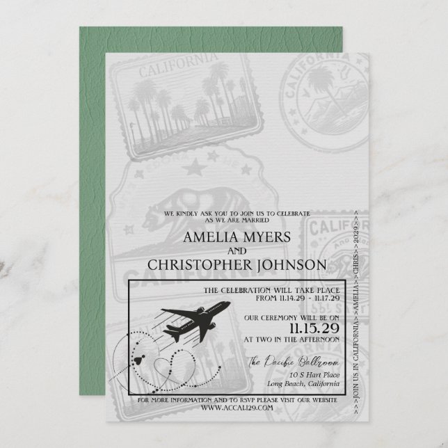 Green California Passport Wedding Invitation (Front/Back)