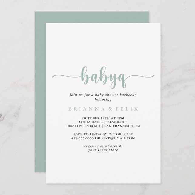 Green Calligraphy BabyQ Baby Shower Barbecue Invitation (Front/Back)